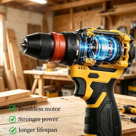 AIORBER : Kit de perceuse-visseuse sans fil 21V comprenant 2 batteries, perceuse-visseuse sans balais à 2 vitesses, perceuse-visseuse à percussion avec accessoires et mallette, de couleur jaune et noir