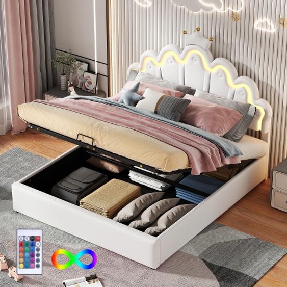 AIORBER Lit double, lit rembourré, 140x200cm, design nuage, lampes LED réglables, lit hydraulique avec espace de rangement, pour enfants ou adolescents