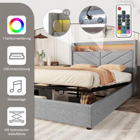 AIORBER Lit rembourré 140x200cm avec sommier à lattes, Boxspring hydraulique avec espace de rangement, éclairage dambiance LED réglable, chaîne hi-fi,Lin,Gris