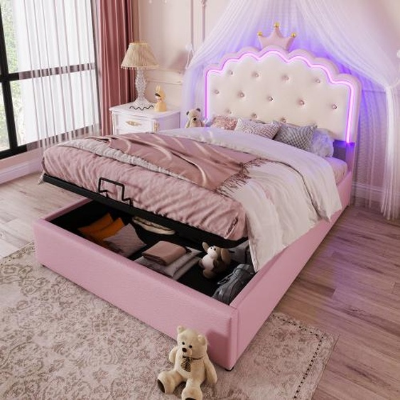 AIORBER Lit rembourré, 140x200cm, avec sommier à lattes, lit boxspring hydraulique avec espace de rangement, style princesse héritière, éclairage ambiant LED, lit enfant, rose