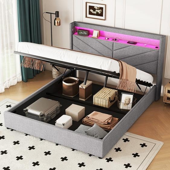 AIORBER Lit rembourré, 160 x 200 cm, éclairage dambiance avec LED, avec USB, élévateur hydraulique, lin, stéréo design,Gris(sans matelas)