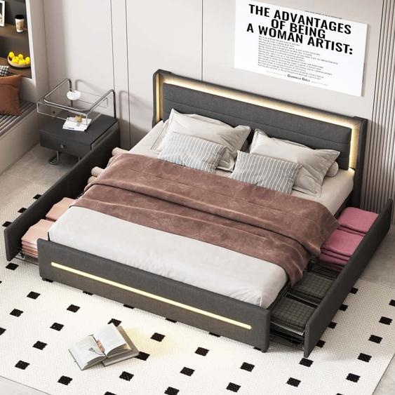 AIORBER Lit rembourré, 180x200cm, avec éclairage LED, avec quatre compartiments de rangement, tissu en lin, tête de lit rembourrée, lit double, avec sommier à lattes, noir