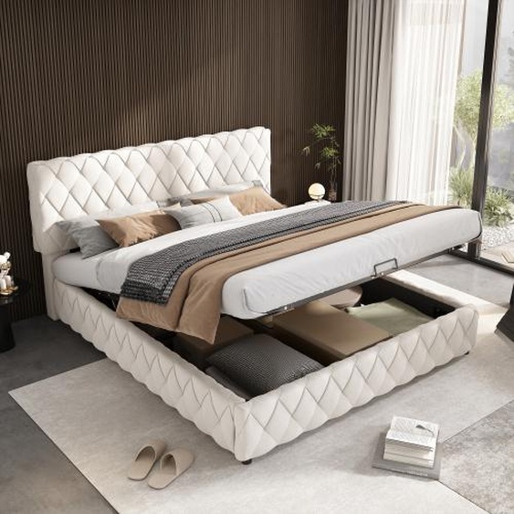 AIORBER Lit rembourré, Lit double, 160x200 cm, avec sommier à lattes (sans matelas), velours, tête de lit épaisse, éléments tissés, lit hydraulique avec espace de rangement