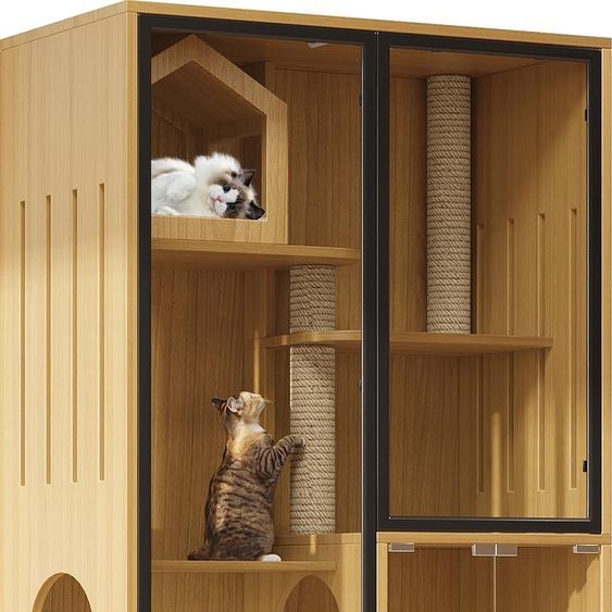 AIORBER Maison pour chats à quatre étages avec porte en verre, poteau griffoir et espace de rangement, Grand meuble pour chats dintérieur pour plusieurs chats - Maple