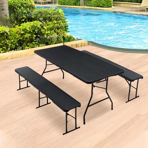 AIORBER Set de table de bière 3 pièces,2 bancs de bière& 1 table de bière,pliable,aspect rotin,pour jusquà 8 personnes,pour camping,jardin,180x69,5x74,5cm,noir