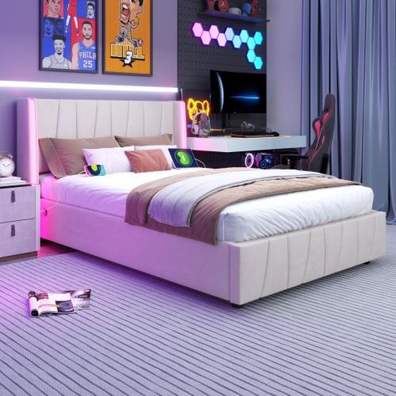 AIORBER Sommier, 140x200cm, Tête de lit avec barre de LED 16 couleurs, 2 prises USB & 1 prise Type-C, Boxspring hydraulique avec espace de rangement, velours