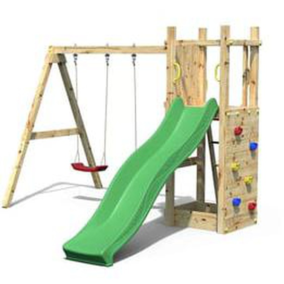 Aire de jeux en bois avec bac à sable, mur descalade, toboggan vert et 2 balançoires