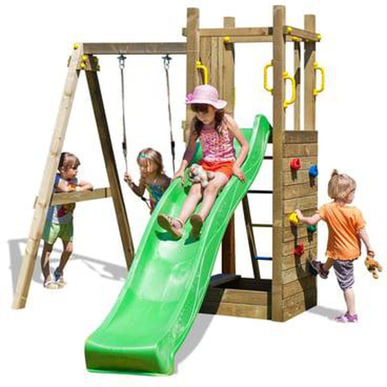 Aire de jeux en bois avec bac à sable, toboggan vert, mur descalade et 1 balançoire