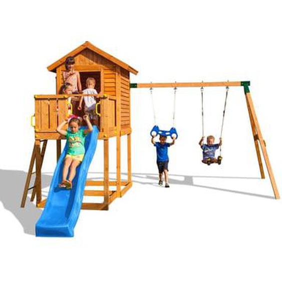 Aire de jeux en bois avec cabane, balançoire, toboggan bleu