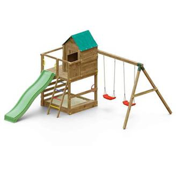 Aire de jeux en bois avec cabane et 2 balançoires