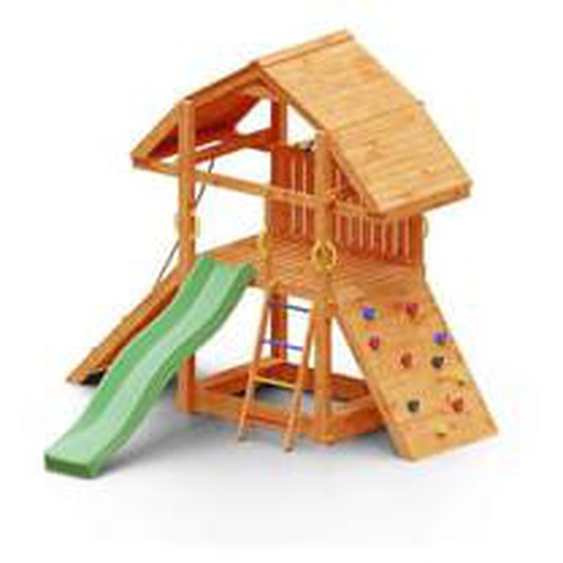 Aire de jeux en bois avec mur descalade et toboggan vert