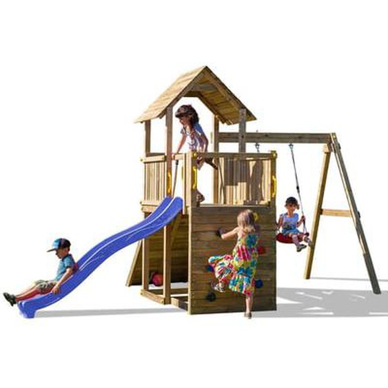Aire de jeux en bois avec toboggan bleu et 1 balançoire