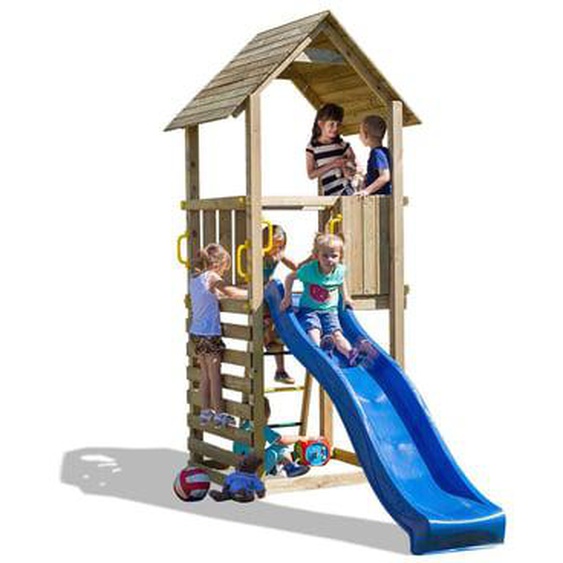 Aire de jeux en bois avec toboggan bleu et mur descalade