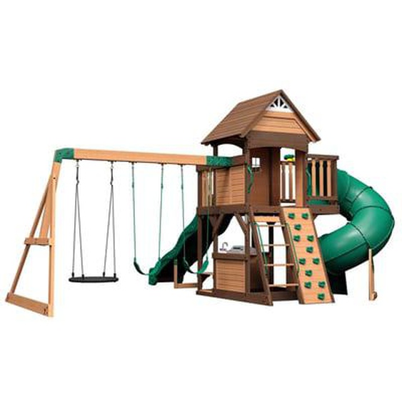 Aire de jeux en bois avec toboggan droit et tubulaire