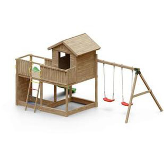 Aire de jeux en bois avec toboggan et maison vert