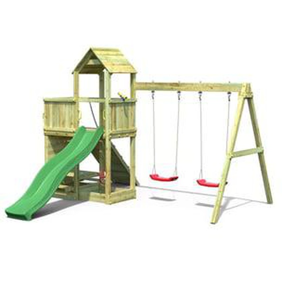 Aire de jeux en bois avec une table et 2 balançoires