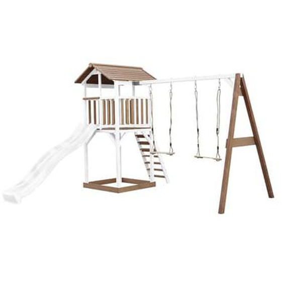 Aire de jeux en bois blanc marron avec 2 balançoires et toboggan blanc