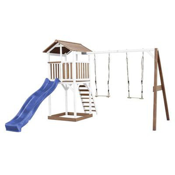 Aire de jeux en bois blanc marron avec 2 balançoires et toboggan blanc
