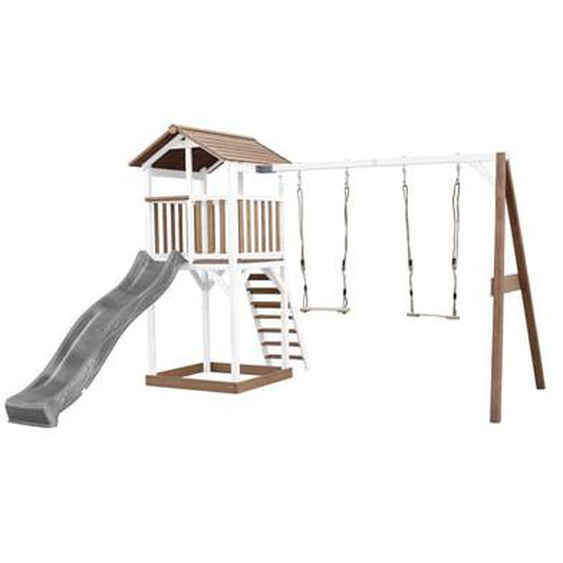 Aire de jeux en bois blanc marron avec 2 balançoires et toboggan blanc