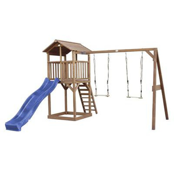 Aire de jeux en bois marron avec 2 balançoires et toboggan gris