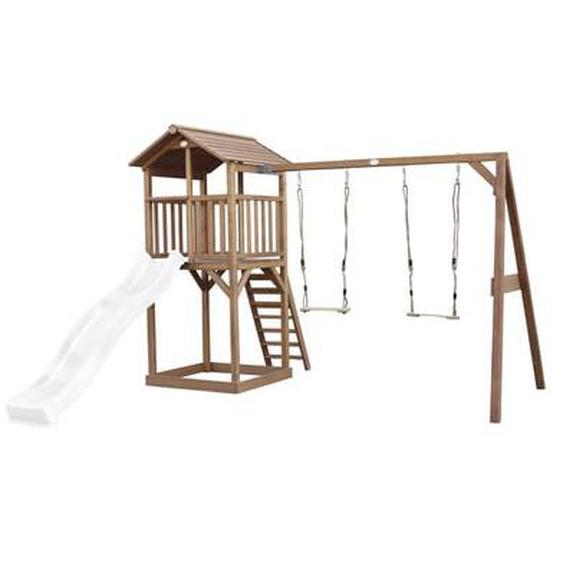 Aire de jeux en bois marron avec 2 balançoires et toboggan gris