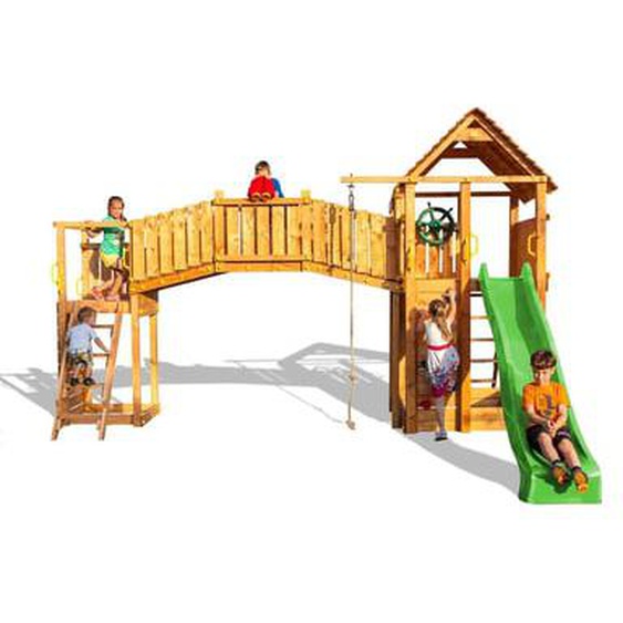 Aire de jeux en bois multiactivités avec toboggan vert