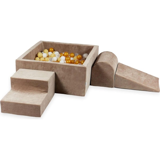 Aire de jeux en mousse avec piscine carrée 90x90x40 Velvet Soft Dark Beige + 400 balles : transparentes, blanches, beiges, dorées