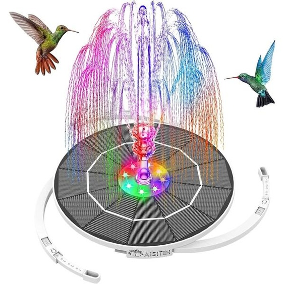 AISITIN Pompe de fontaine solaire LED 1500mah, avec pour bain doiseaux, verre à monter soi-même, panneau solaire 3.5W, lumières colorées pour jardin et piscine