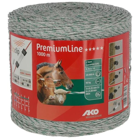 AKO Weidezaunlitze PremiumLine 1000 m weiß/grün, dicke PE-Fäden