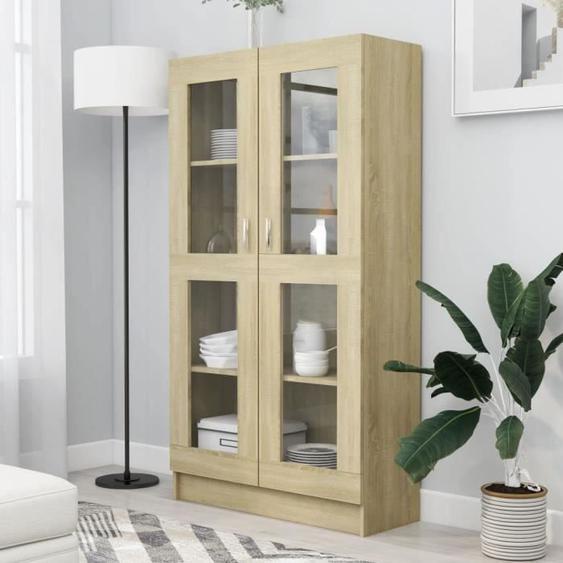 Armoire à vitrine - AKOZON - Chêne sonoma - 82,5x30,5x150 cm - 2 portes - Aggloméré