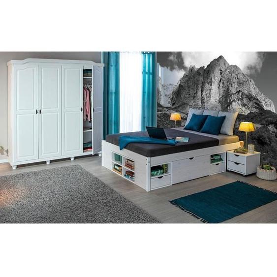 ALASKA - Pack Lit 140x200cm Multi-Rangements + Armoire 4 Portes