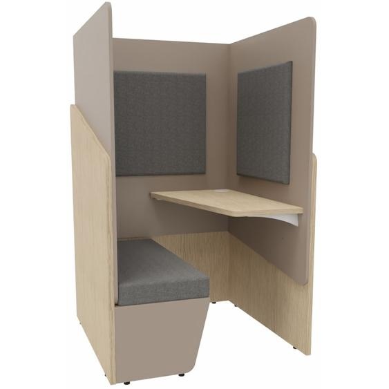 Alcôve cabine de confidentialité acoustique assise banquette CALME Bas Chêne - Haut Argile - Habillage Gris - Tablette droite