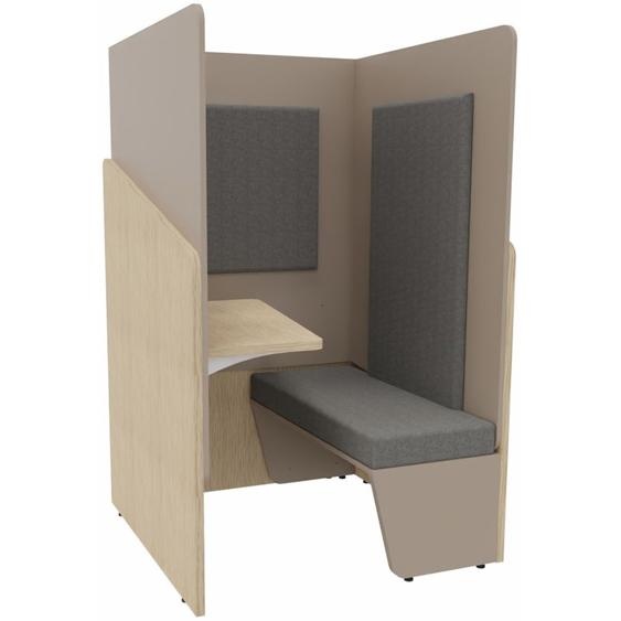 Alcôve cabine de confidentialité acoustique assise banquette CALME Bas Chêne - Haut Argile - Habillage Gris - Tablette gauche