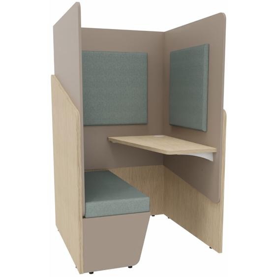 Alcôve cabine de confidentialité acoustique assise banquette CALME Bas Chêne - Haut Argile - Habillage Vert - Tablette droite