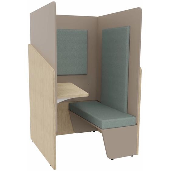 Alcôve cabine de confidentialité acoustique assise banquette CALME Bas Chêne - Haut Argile - Habillage Vert - Tablette gauche
