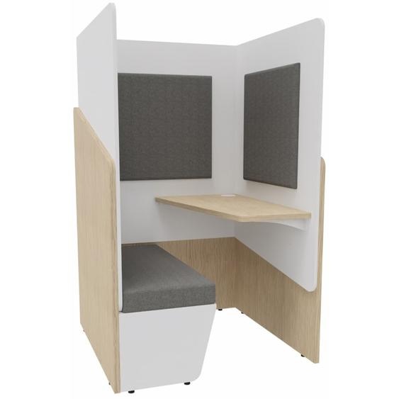 Alcôve cabine de confidentialité acoustique assise banquette CALME Bas Chêne - Haut Blanc - Habillage Gris - Tablette droite
