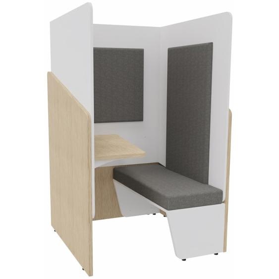 Alcôve cabine de confidentialité acoustique assise banquette CALME Bas Chêne - Haut Blanc - Habillage Gris - Tablette gauche