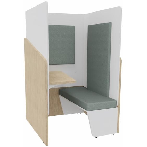 Alcôve cabine de confidentialité acoustique assise banquette CALME Bas Chêne - Haut Blanc - Habillage Vert - Tablette gauche