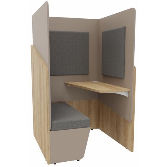 Alcôve cabine de confidentialité acoustique assise banquette CALME Bas Chêne Nebraska - Haut Argile - Habillage Gris - Tablette droite