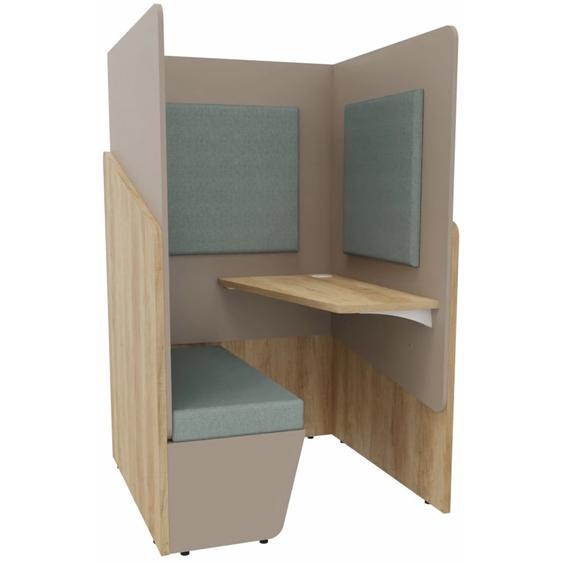 Alcôve cabine de confidentialité acoustique assise banquette CALME Bas Chêne Nebraska - Haut Argile - Habillage Vert - Tablette droite