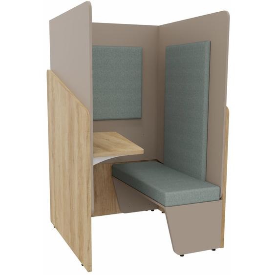Alcôve cabine de confidentialité acoustique assise banquette CALME Bas Chêne Nebraska - Haut Argile - Habillage Vert - Tablette gauche