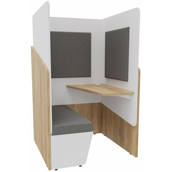 Alcôve cabine de confidentialité acoustique assise banquette CALME Bas Chêne Nebraska - Haut Blanc - Habillage Gris - Tablette droite
