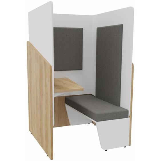 Alcôve cabine de confidentialité acoustique assise banquette CALME Bas Chêne Nebraska - Haut Blanc - Habillage Gris - Tablette gauche