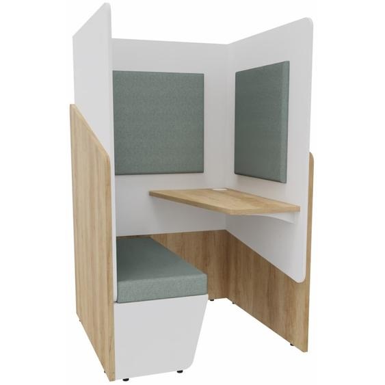 Alcôve cabine de confidentialité acoustique  assise banquette CALME Bas Chêne Nebraska - Haut Blanc - Habillage Vert - Tablette droite