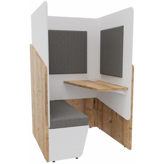 Alcôve cabine de confidentialité acoustique assise banquette CALME Bas Timber - Haut Blanc - Habillage Gris - Tablette droite