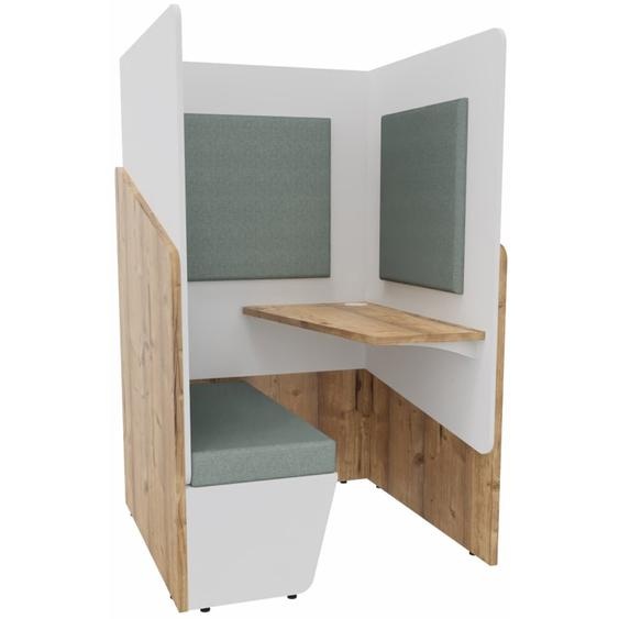 Alcôve cabine de confidentialité acoustique assise banquette CALME Bas Timber - Haut Blanc - Habillage Vert - Tablette droite