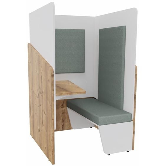 Alcôve cabine de confidentialité acoustique assise banquette CALME Bas Timber - Haut Blanc - Habillage Vert - Tablette gauche