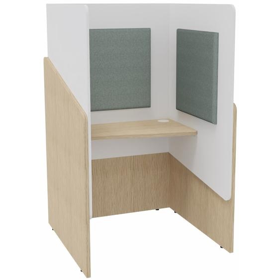 Alcôve cabine de confidentialité acoustique assise CALME Bas Chêne - Haut Blanc - Habillage Vert