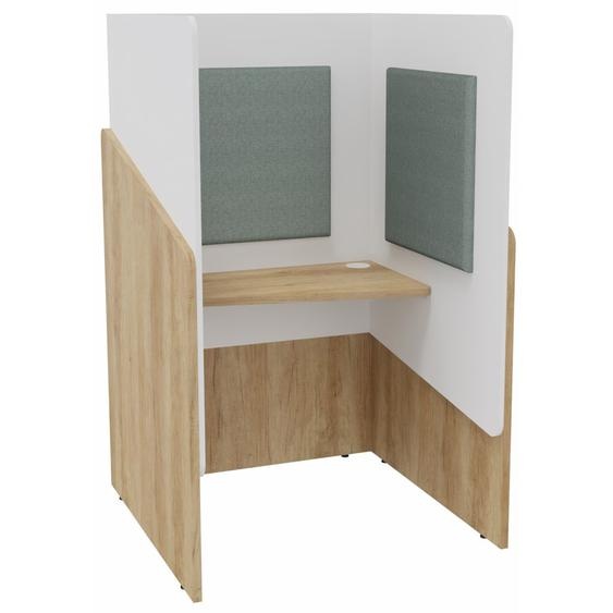 Alcôve cabine de confidentialité acoustique assise CALME Bas Chêne Nebraska - Haut Blanc - Habillage Vert