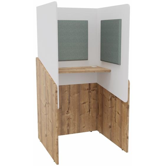 Alcôve cabine de confidentialité acoustique debout CALME Bas Timber - Haut Blanc - Habillage Vert